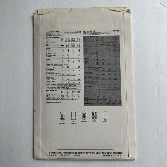 Vintage 80s Butterick Pattern 3954 Semi-Fitted Lined Vest 3 Variations Sz 6 UC - Picture 2 of 2